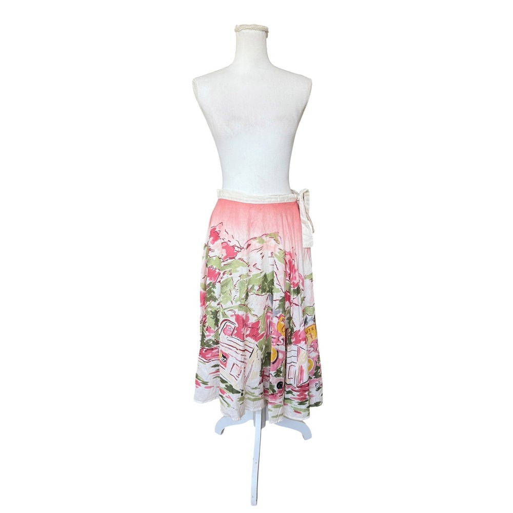 John Paul Richard Uniform Pink Route 01 Scenic Novelty Print Cotton Wrap Skirt 8
